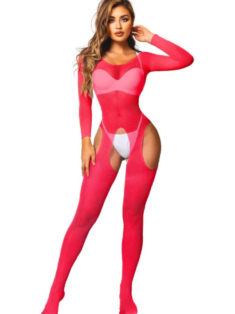 Women's Body Stocking Water Melon Red High Neck Fishnet Sleeveless Nightwear
